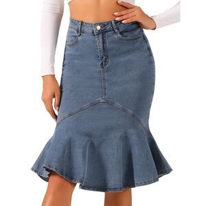 Denim Jean Skirt High Waist Bodycon Ruffles Fishtail Skirts Grey Blue